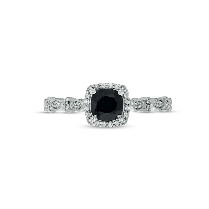 Cushion-Cut 5mm Black Sapphire and 0.10 CT. T.W. Natural Diamond Frame Art Deco Antique Vintage-Style Engagement Ring in Solid 10K White Gold