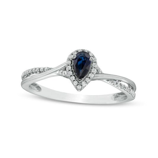 Pear-Shaped Blue Lab-Created Sapphire and 0.10 CT. T.W. Diamond Frame Bypass Shank Engagement Ring in Sterling Silver