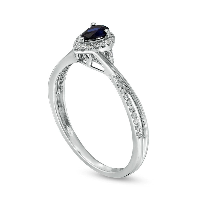 Pear-Shaped Blue Lab-Created Sapphire and 0.10 CT. T.W. Diamond Frame Bypass Shank Engagement Ring in Sterling Silver