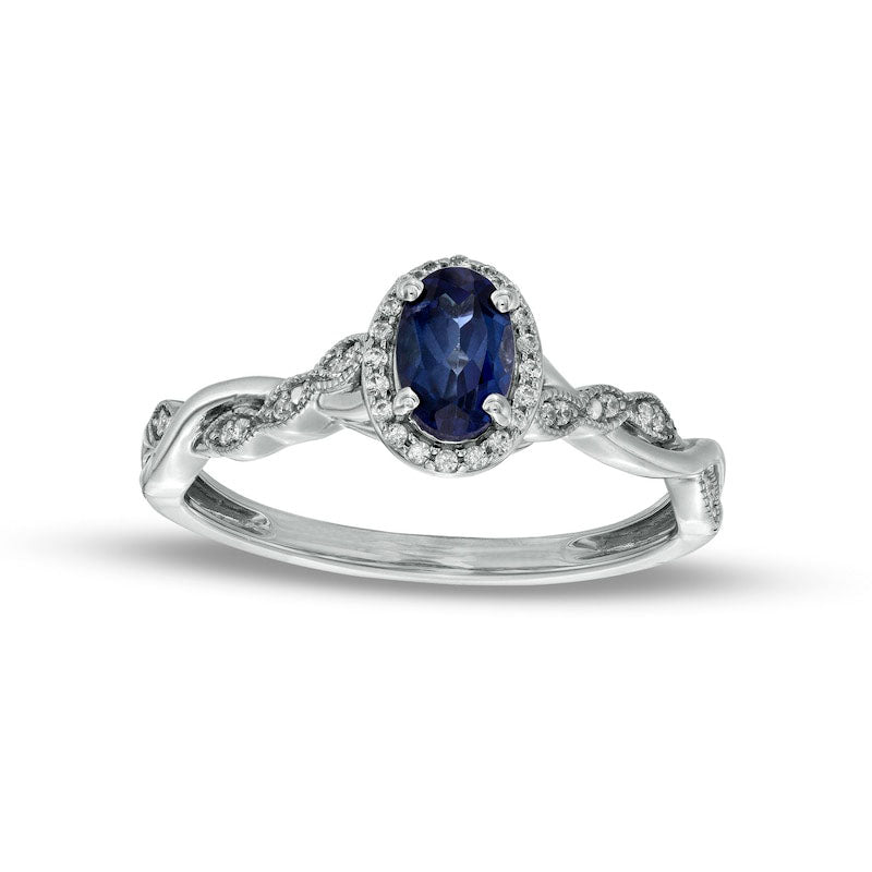 Oval Blue Lab-Created Sapphire and 0.10 CT. T.W. Diamond Frame Twist Shank Engagement Ring in Sterling Silver