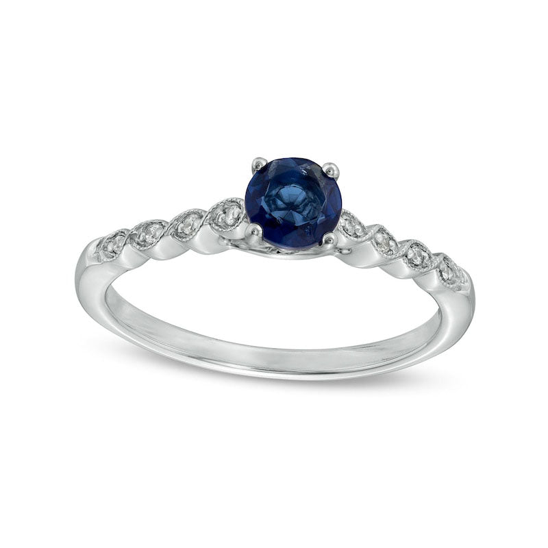 5.0mm Blue Lab-Created Sapphire and Diamond Accent Cascade Shank Engagement Ring in Sterling Silver