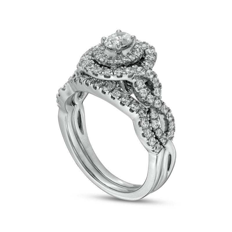 1.0 CT. T.W. Oval Natural Diamond Double Frame Twist Shank Bridal Engagement Ring Set in Solid 14K White Gold