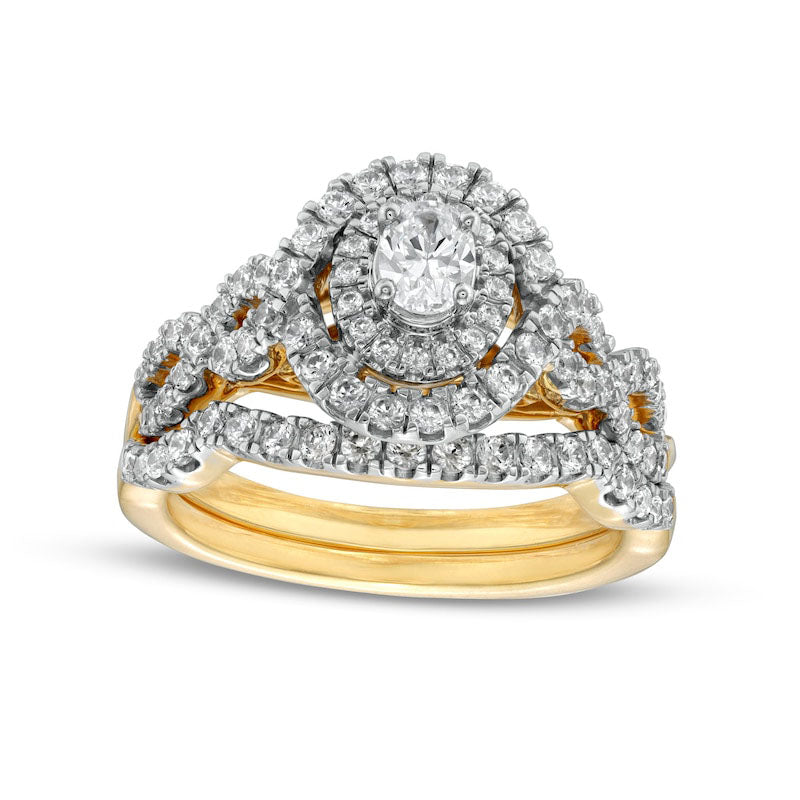 1.0 CT. T.W. Oval Natural Diamond Double Frame Twist Shank Bridal Engagement Ring Set in Solid 14K Gold