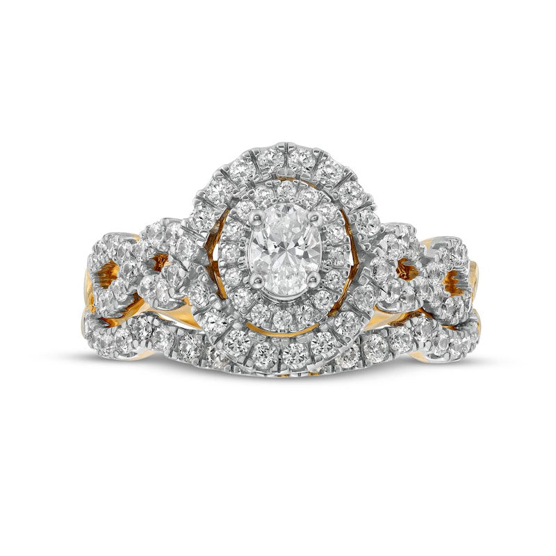 1.0 CT. T.W. Oval Natural Diamond Double Frame Twist Shank Bridal Engagement Ring Set in Solid 14K Gold