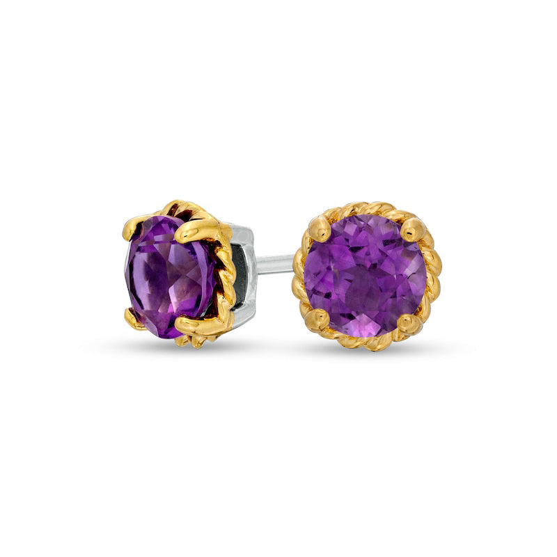 6.0mm Amethyst Solitaire Rope-Textured Frame Stud Earrings in Sterling Silver and 10K Gold