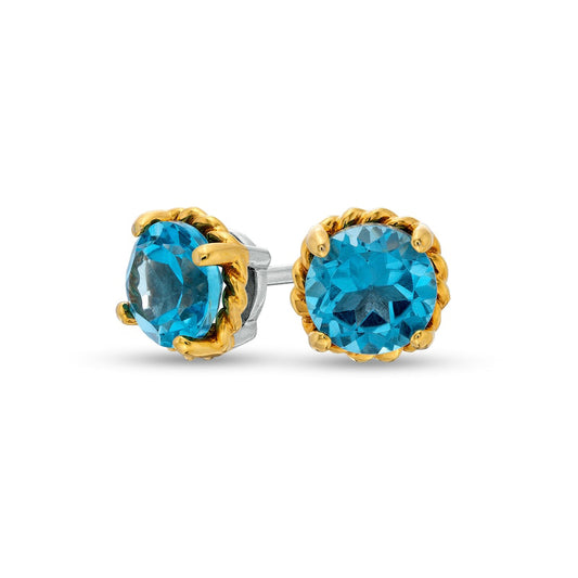 6.0mm Swiss Blue Topaz Solitaire Rope-Textured Frame Stud Earrings in Sterling Silver and 10K Gold