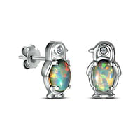 Oval Lab-Created Opal and Diamond Accent Penguin Outline Stud Earrings in Sterling Silver