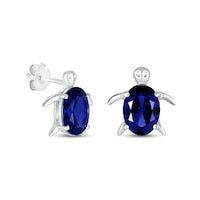 Oval Blue Lab-Created Sapphire Sea Turtle Stud Earrings in Sterling Silver