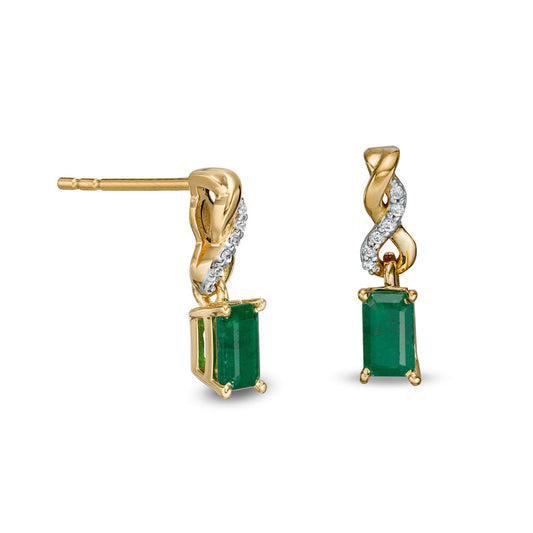 Emerald-Cut Emerald and Diamond Accent Twist Drop Earrings in 14K Gold