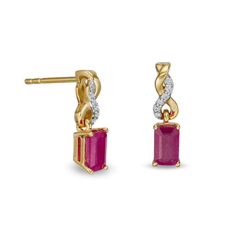 Emerald-Cut Ruby and Diamond Accent Twist Drop Earrings in 14K Gold