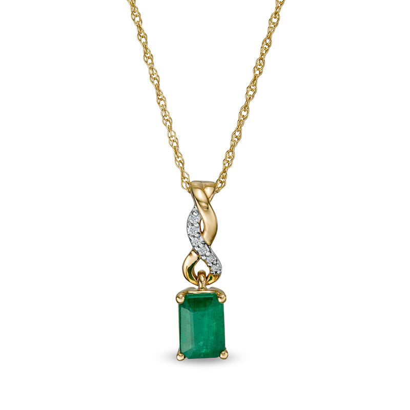 Emerald-Cut Emerald and Natural Diamond Accent Twist Drop Pendant in 14K Gold