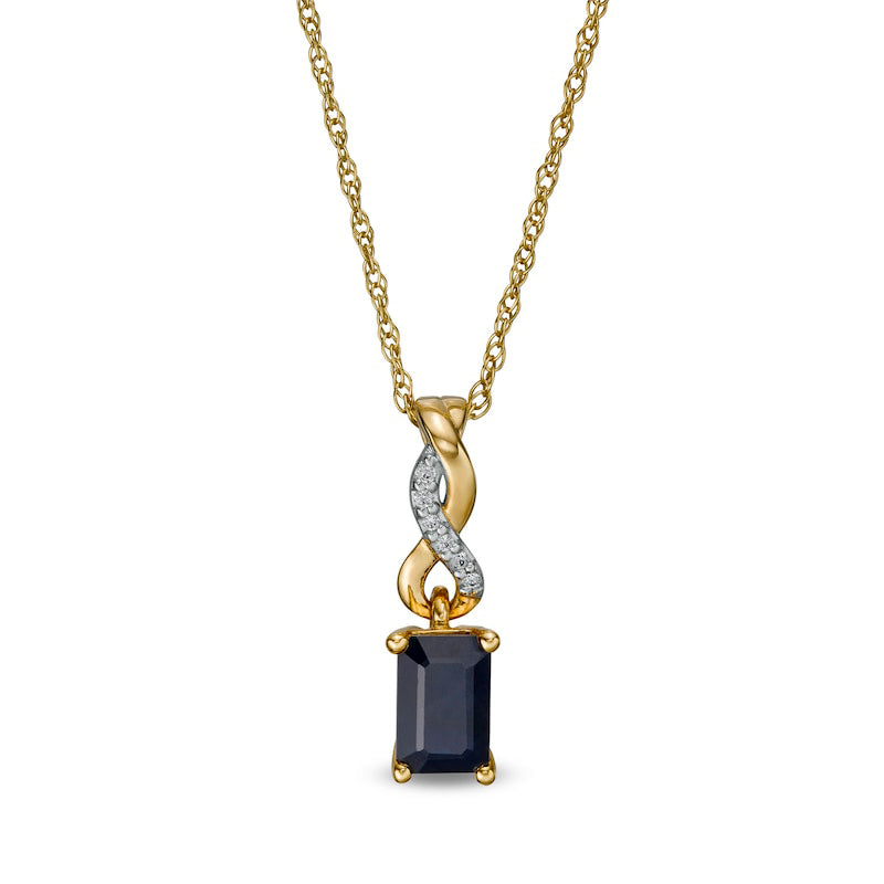 Emerald-Cut Blue Sapphire and Natural Diamond Accent Twist Drop Pendant in 14K Gold