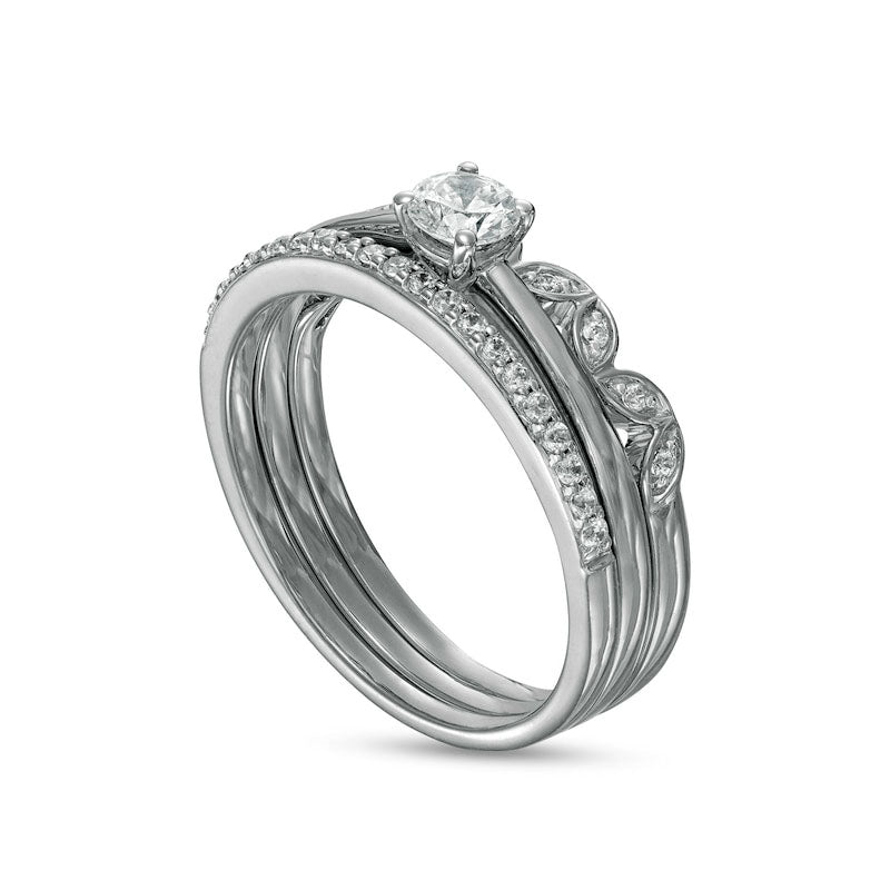 0.38 CT. T.W. Natural Diamond Alternating Leaf Three Piece Bridal Engagement Ring Set in Solid 10K White Gold (J/I3)