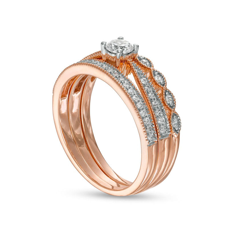 0.50 CT. T.W. Natural Diamond Antique Vintage-Style Three Piece Bridal Engagement Ring Set in Solid 10K Rose Gold (J/I3)