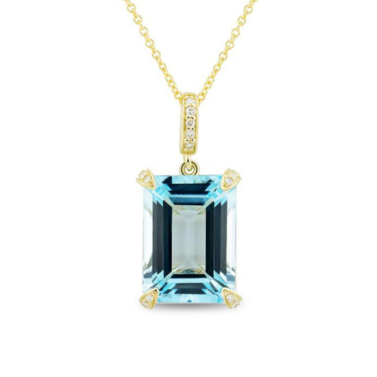 Emerald-Cut Faceted Sky Blue Topaz and 0.07 CT. T.W. Natural Diamond Four-Corner Overlay Accent Drop Pendant in 10K Yellow Gold