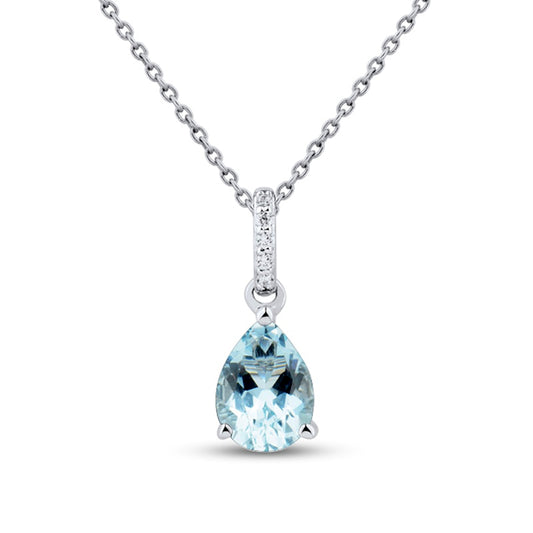 Pear-Shaped Faceted Aquamarine and Natural Diamond Accent Drop Pendant in 10K White Gold