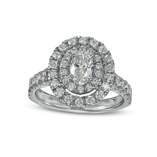 1.5 CT. T.W. Oval Natural Diamond Double Frame Engagement Ring in Solid 14K White Gold (I/SI2)