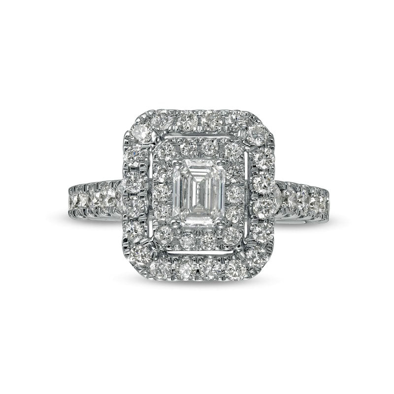 1.5 CT. T.W. Emerald-Cut Natural Diamond Double Frame Engagement Ring in Solid 14K White Gold (I/SI2)