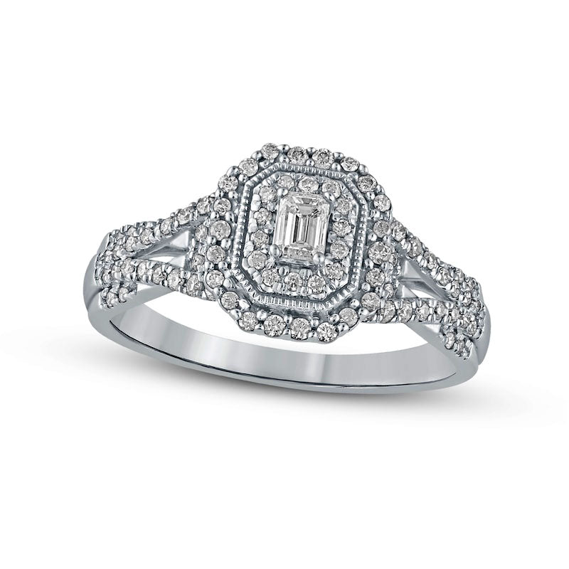 0.50 CT. T.W. Emerald-Cut Natural Diamond Frame Antique Vintage-Style Multi-Row Engagement Ring in Solid 10K White Gold