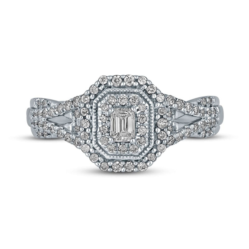 0.50 CT. T.W. Emerald-Cut Natural Diamond Frame Antique Vintage-Style Multi-Row Engagement Ring in Solid 10K White Gold