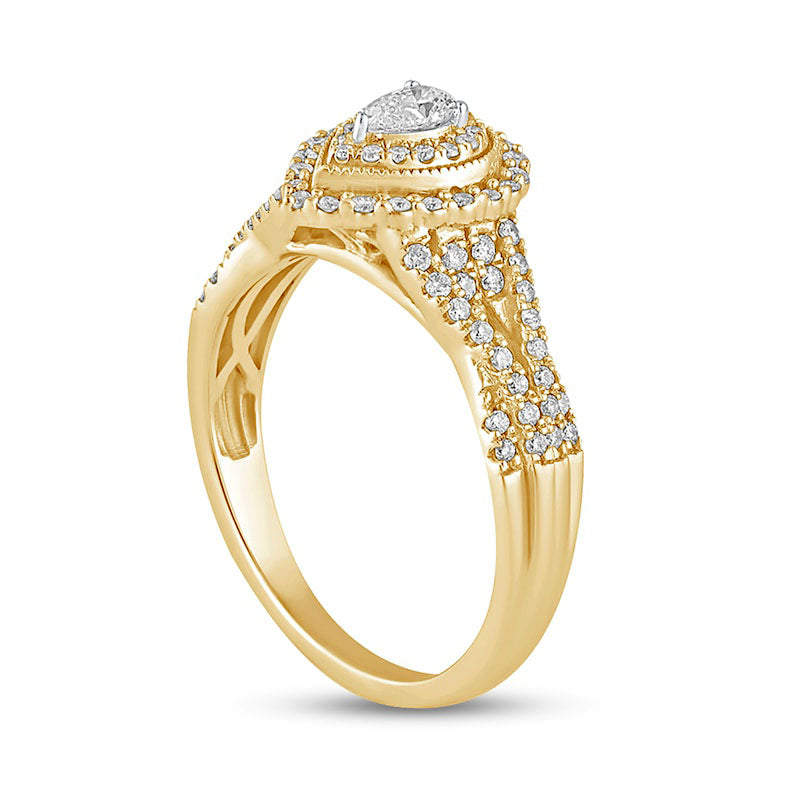 0.50 CT. T.W. Pear-Shaped Natural Diamond Frame Antique Vintage-Style Multi-Row Engagement Ring in Solid 10K Yellow Gold