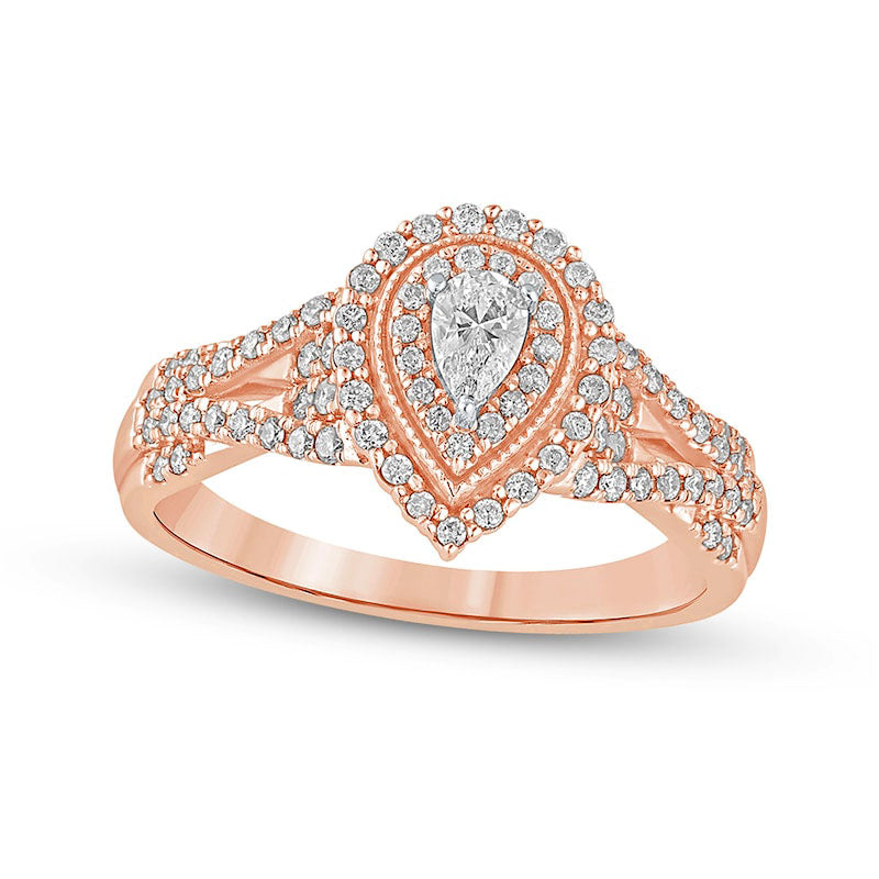 0.50 CT. T.W. Pear-Shaped Natural Diamond Frame Antique Vintage-Style Multi-Row Engagement Ring in Solid 10K Rose Gold