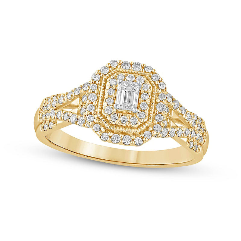 0.50 CT. T.W. Emerald-Cut Natural Diamond Frame Antique Vintage-Style Multi-Row Engagement Ring in Solid 10K Yellow Gold