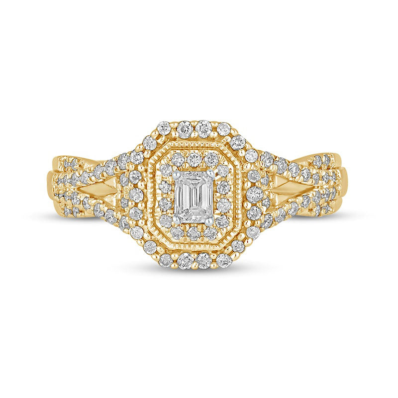 0.50 CT. T.W. Emerald-Cut Natural Diamond Frame Antique Vintage-Style Multi-Row Engagement Ring in Solid 10K Yellow Gold