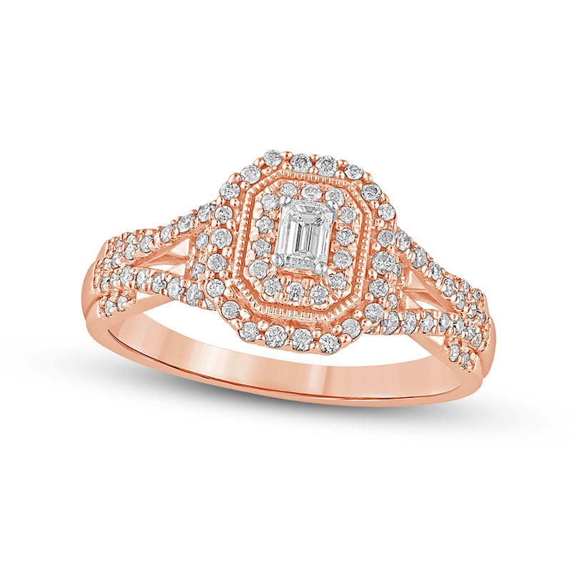 0.50 CT. T.W. Emerald-Cut Natural Diamond Frame Antique Vintage-Style Multi-Row Engagement Ring in Solid 10K Rose Gold