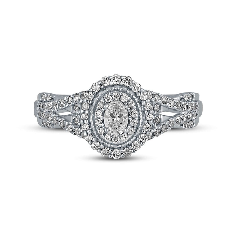 0.50 CT. T.W. Oval Natural Diamond Frame Antique Vintage-Style Multi-Row Engagement Ring in Solid 10K White Gold