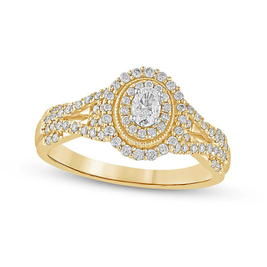 0.50 CT. T.W. Oval Natural Diamond Frame Antique Vintage-Style Multi-Row Engagement Ring in Solid 10K Yellow Gold