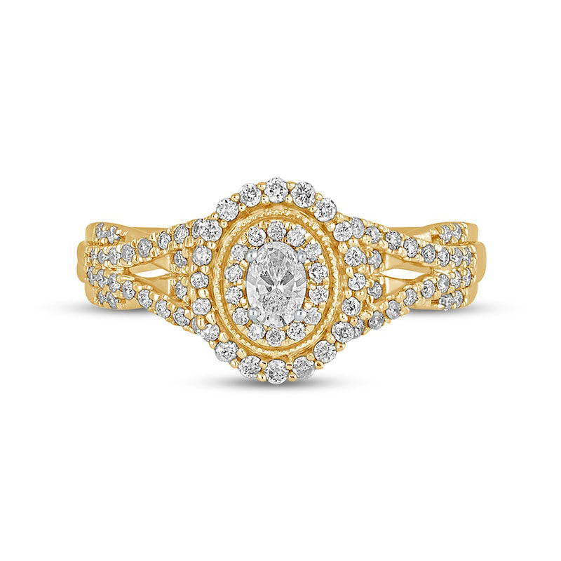 0.50 CT. T.W. Oval Natural Diamond Frame Antique Vintage-Style Multi-Row Engagement Ring in Solid 10K Yellow Gold