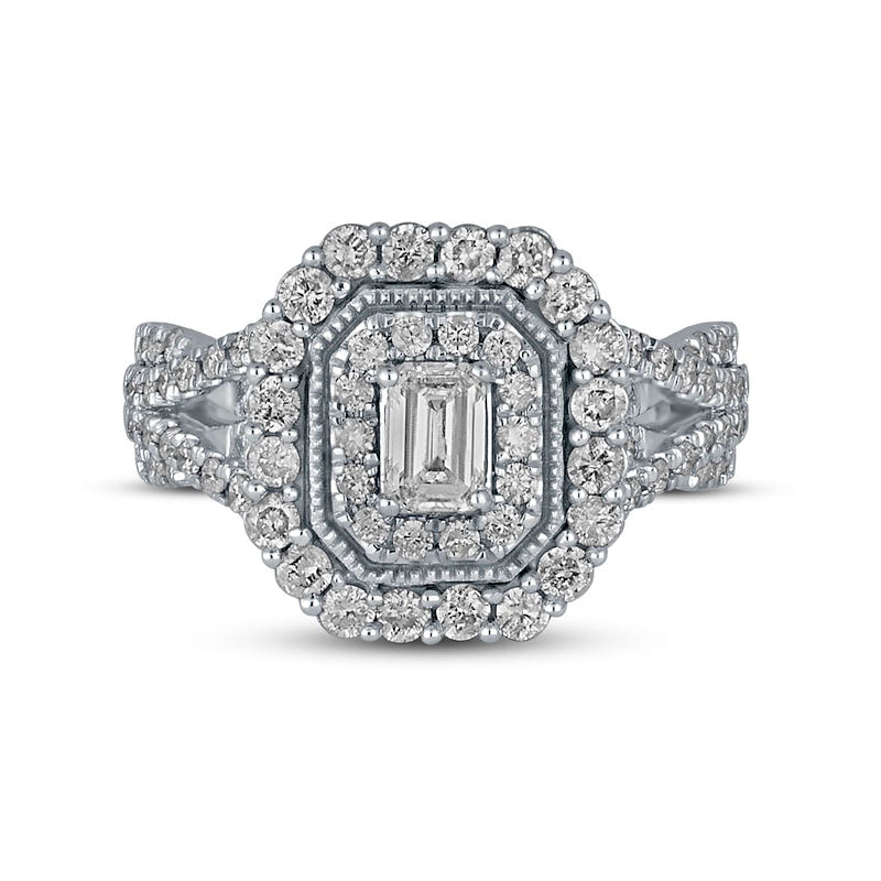 1.5 CT. T.W. Emerald-Cut Natural Diamond Frame Antique Vintage-Style Multi-Row Engagement Ring in Solid 14K White Gold