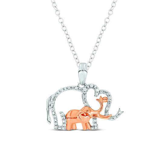 0.1 CT. T.W. Natural Diamond Motherly Love Elephants Pendant in Sterling Silver and 14K Rose Gold Plate