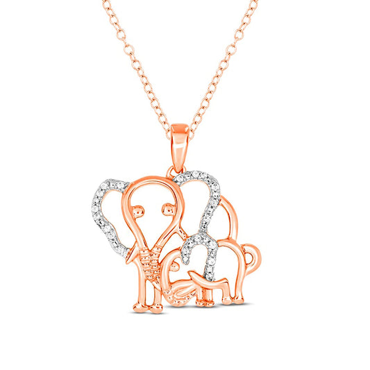 0.05 CT. T.W. Natural Diamond Motherly Love Elephants Pendant in Sterling Silver with 14K Rose Gold