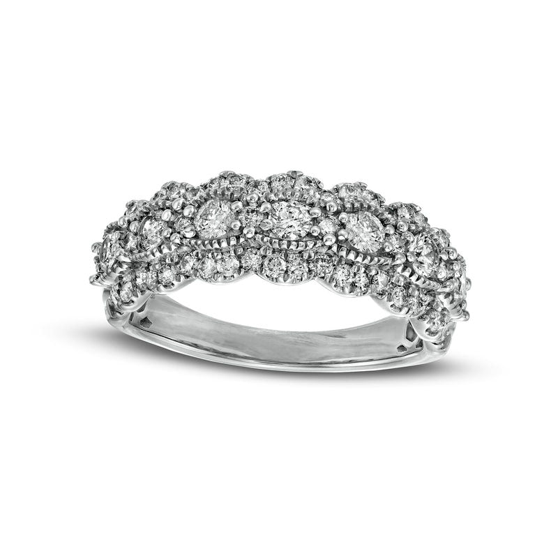 1.0 CT. T.W. Natural Diamond Triple Row Scallop Edge Anniversary Band in Solid 14K White Gold