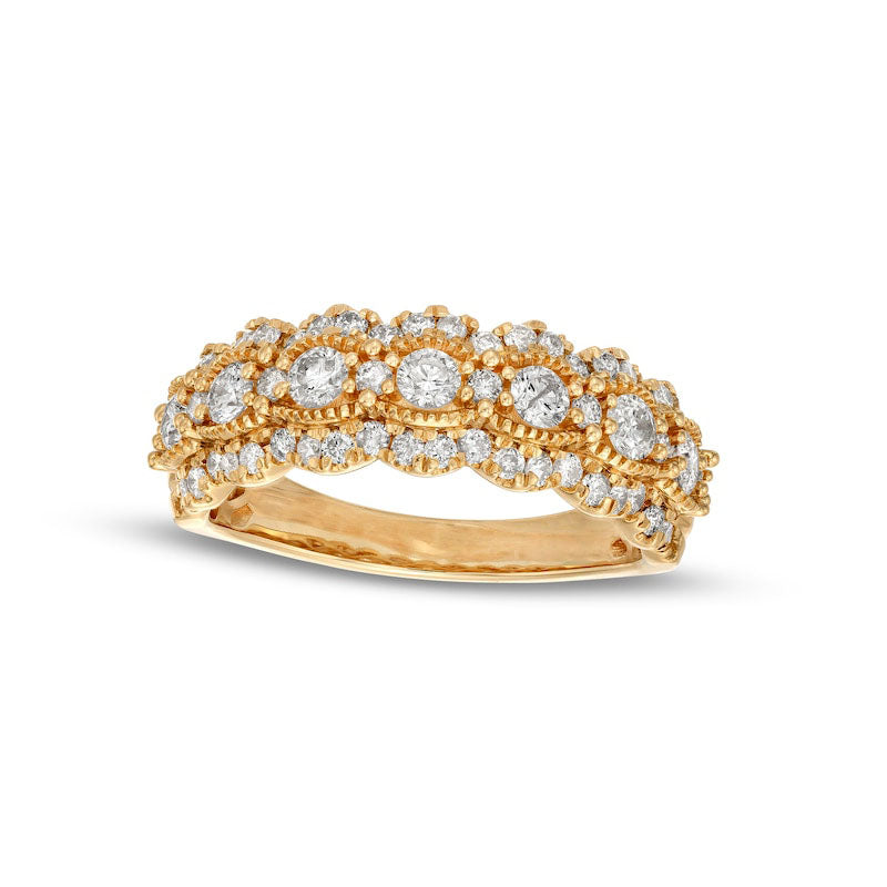 1.0 CT. T.W. Natural Diamond Triple Row Scallop Edge Anniversary Band in Solid 14K Gold