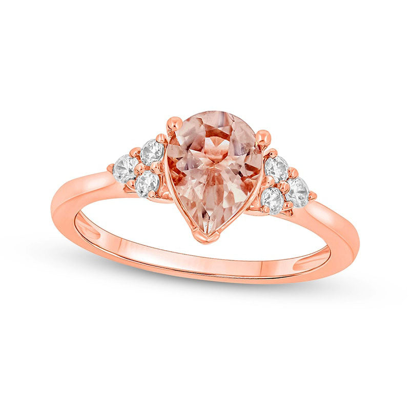 Pear-Shaped Morganite and 0.17 CT. T.W. Natural Diamond Tri-Sides Engagement Ring in Solid 10K Rose Gold