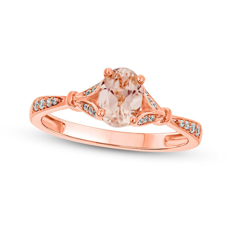 Oval Morganite and 0.07 CT. T.W. Natural Diamond Collar Wrapped Leaf-Sides Split Shank Engagement Ring in Solid 10K Rose Gold