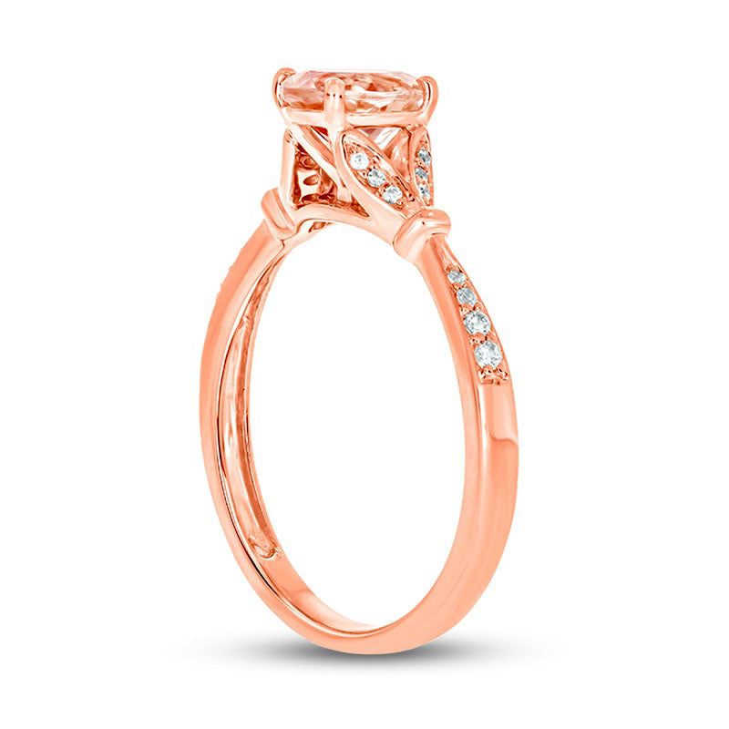 Oval Morganite and 0.07 CT. T.W. Natural Diamond Collar Wrapped Leaf-Sides Split Shank Engagement Ring in Solid 10K Rose Gold