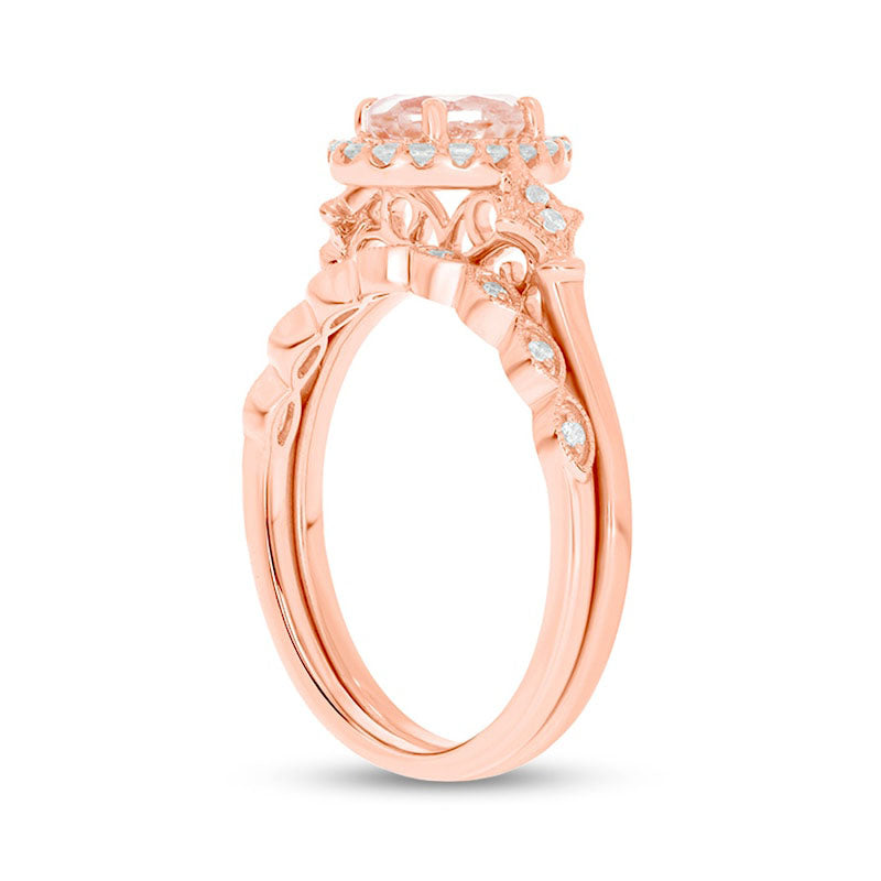 Oval Morganite and 0.20 CT. T.W. Natural Diamond Frame Fleur-de-Lis Antique Vintage-Style Bridal Engagement Ring Set in Solid 10K Rose Gold