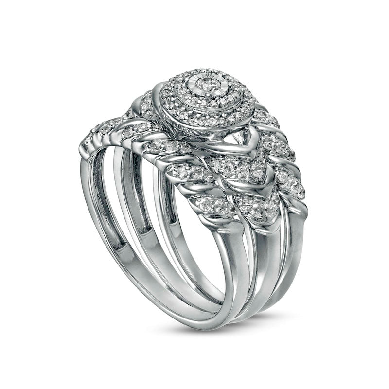 0.50 CT. T.W. Natural Diamond Double Frame Spiral Three Piece Bridal Engagement Ring Set in Solid 10K White Gold (J/I3)