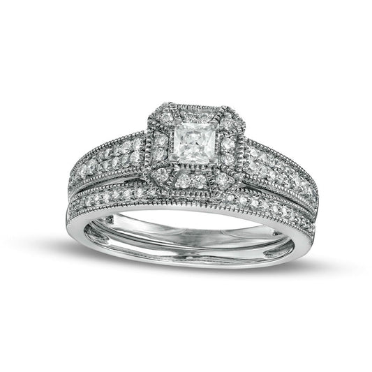 0.50 CT. T.W. Princess-Cut Natural Diamond Frame Three Piece Bridal Engagement Ring Set in Solid 10K White Gold (J/I3)