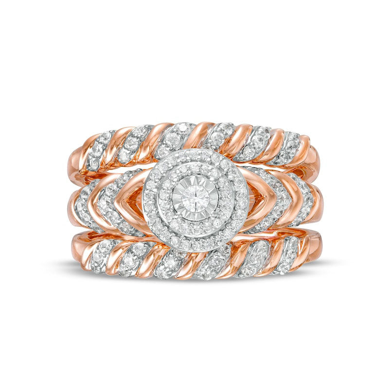 0.50 CT. T.W. Natural Diamond Double Frame Spiral Three Piece Bridal Engagement Ring Set in Solid 10K Rose Gold (J/I3)