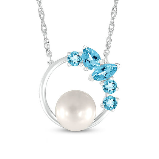 7.0mm Cultured Freshwater Pearl and Multi-Shaped Swiss Blue Topaz Scatter Open Circle Necklace in Sterling Silver