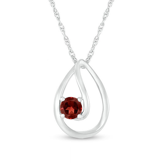 4.0mm Garnet Solitaire Swirl Ribbon Open Teardrop Pendant in 10K White Gold