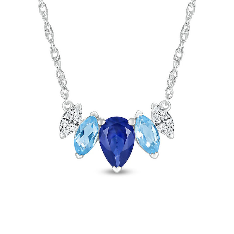 Pear-Shaped Blue and White Lab-Created Sapphire with Marquise Swiss Blue Topaz Five Stone Necklace in Sterling Silver