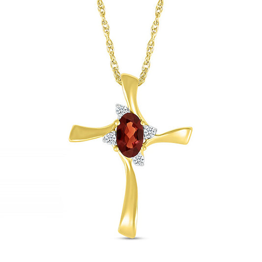 Oval Garnet and Natural Diamond Accent Swirl Ribbon Cross Pendant in 10K Yellow Gold