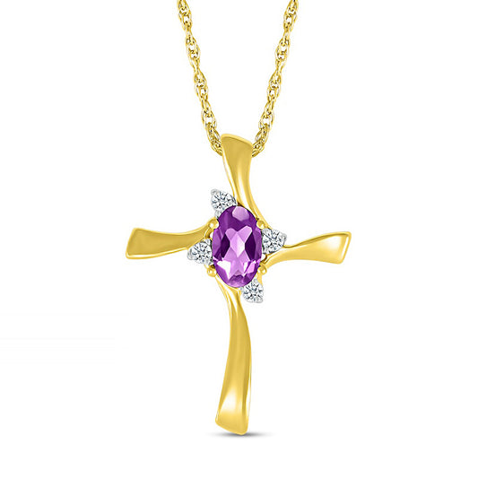 Oval Amethyst and Natural Diamond Accent Swirl Ribbon Cross Pendant in 10K Yellow Gold