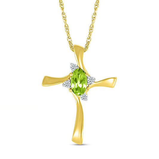 Oval Peridot and Natural Diamond Accent Swirl Ribbon Cross Pendant in 10K Yellow Gold